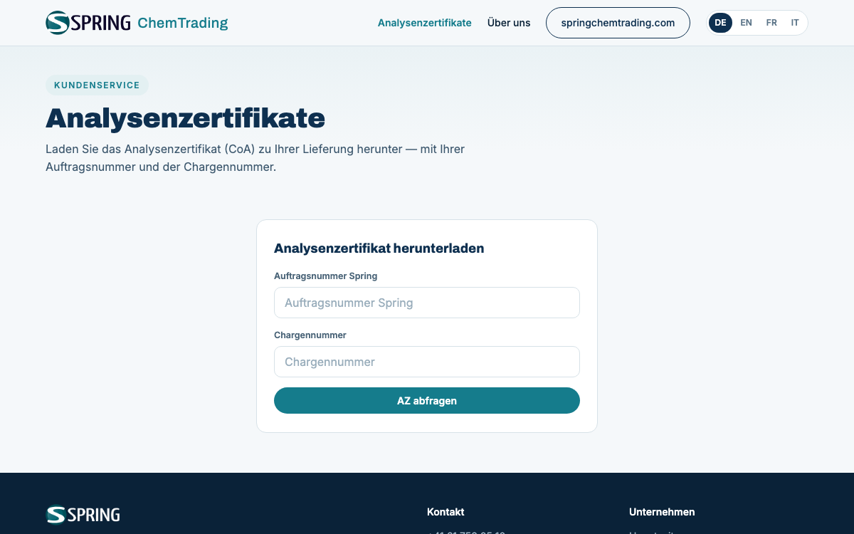 Screenshot: COA-Portal der Spring ChemTrading AG