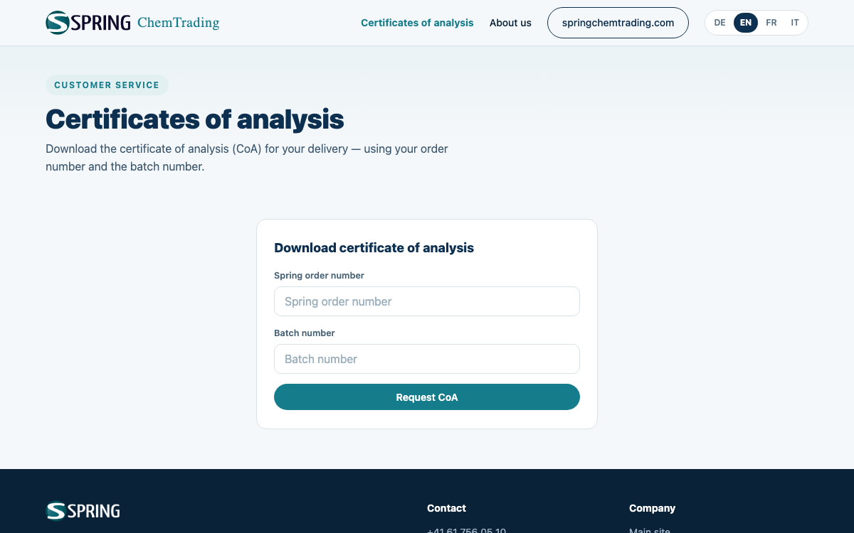 Screenshot of the COA portal of Spring ChemTrading AG