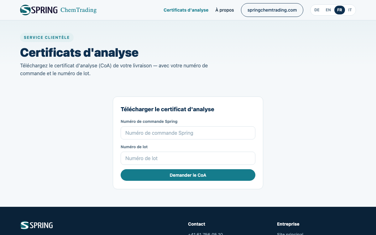 Capture d’écran du Portail COA de Spring ChemTrading AG
