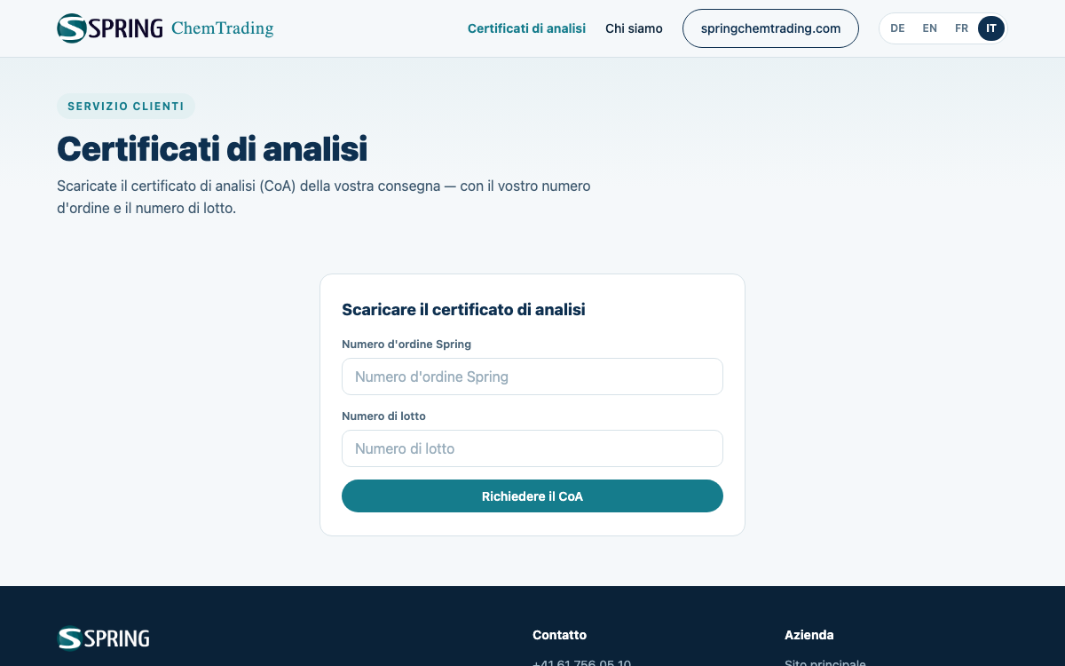Screenshot del Portale COA di Spring ChemTrading AG