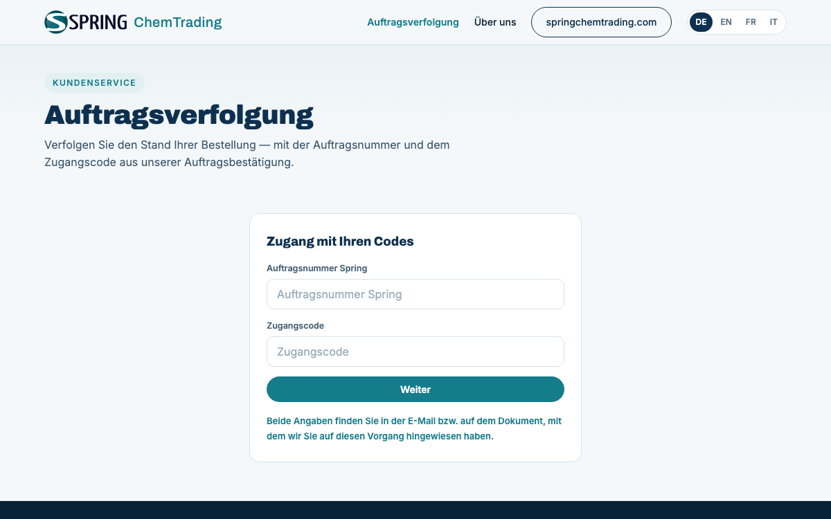 Screenshot: Auftragsverfolgung der Spring ChemTrading AG
