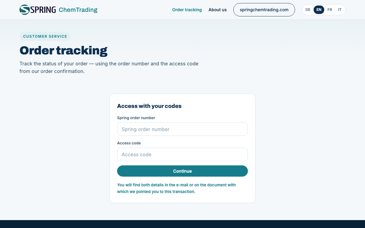Screenshot of the Order tracking of Spring ChemTrading AG