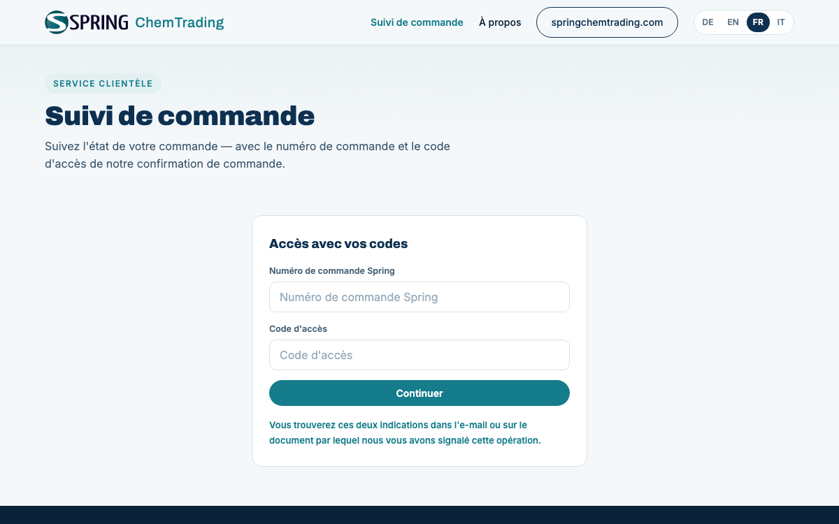 Capture d’écran du Suivi des commandes de Spring ChemTrading AG