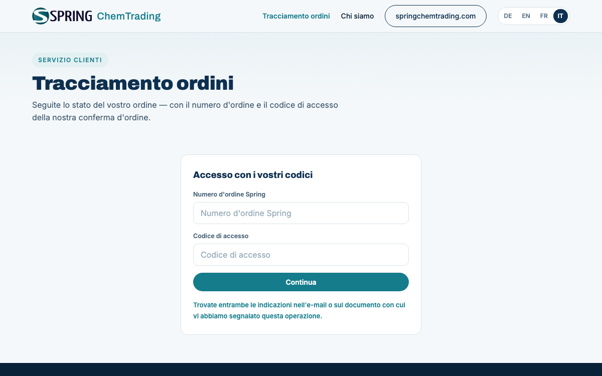 Screenshot del Tracciamento ordini di Spring ChemTrading AG