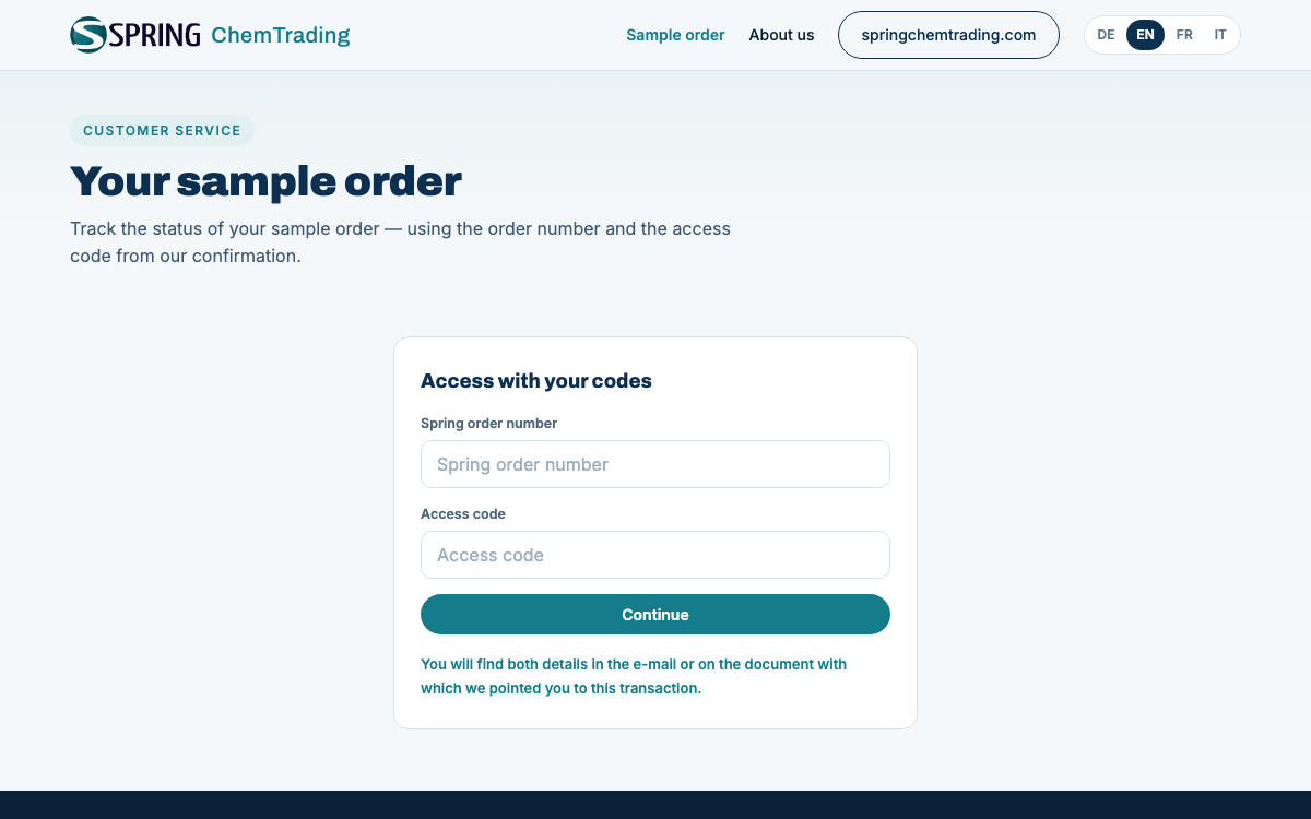Screenshot of the Sample tracking of Spring ChemTrading AG