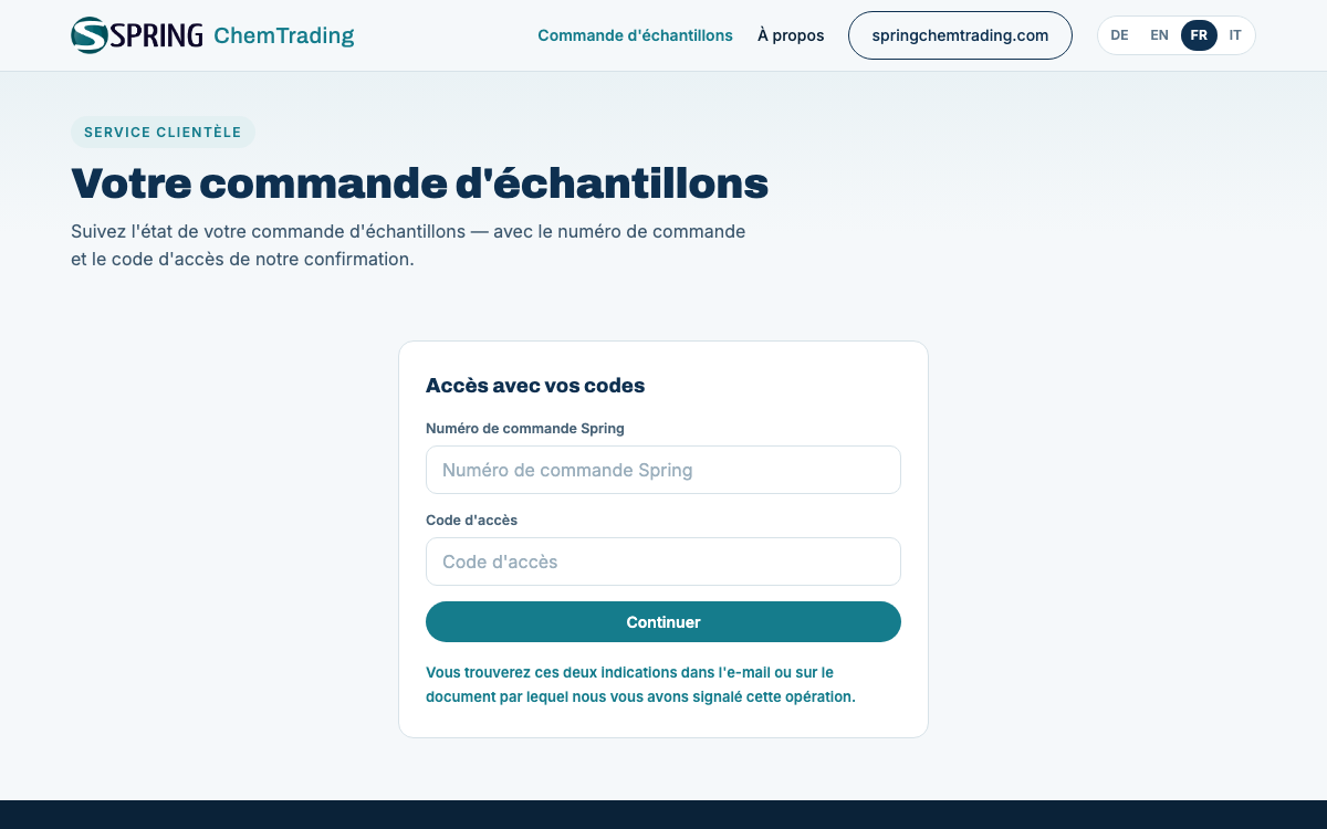 Capture d’écran du Suivi des échantillons de Spring ChemTrading AG