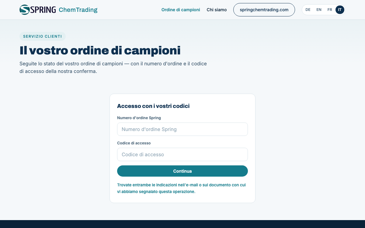 Screenshot del Tracciamento campioni di Spring ChemTrading AG