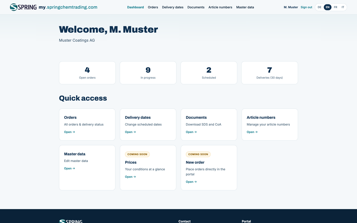Screenshot of the Customer portal of Spring ChemTrading AG