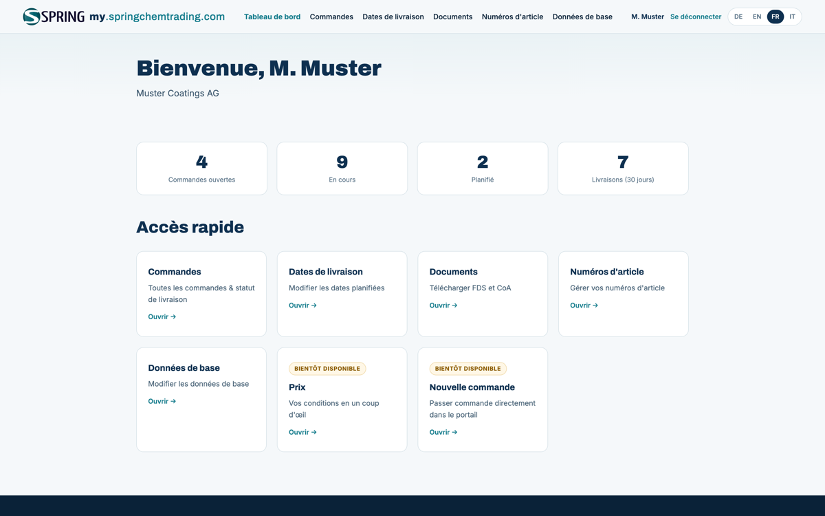 Capture d’écran du Portail clients de Spring ChemTrading AG