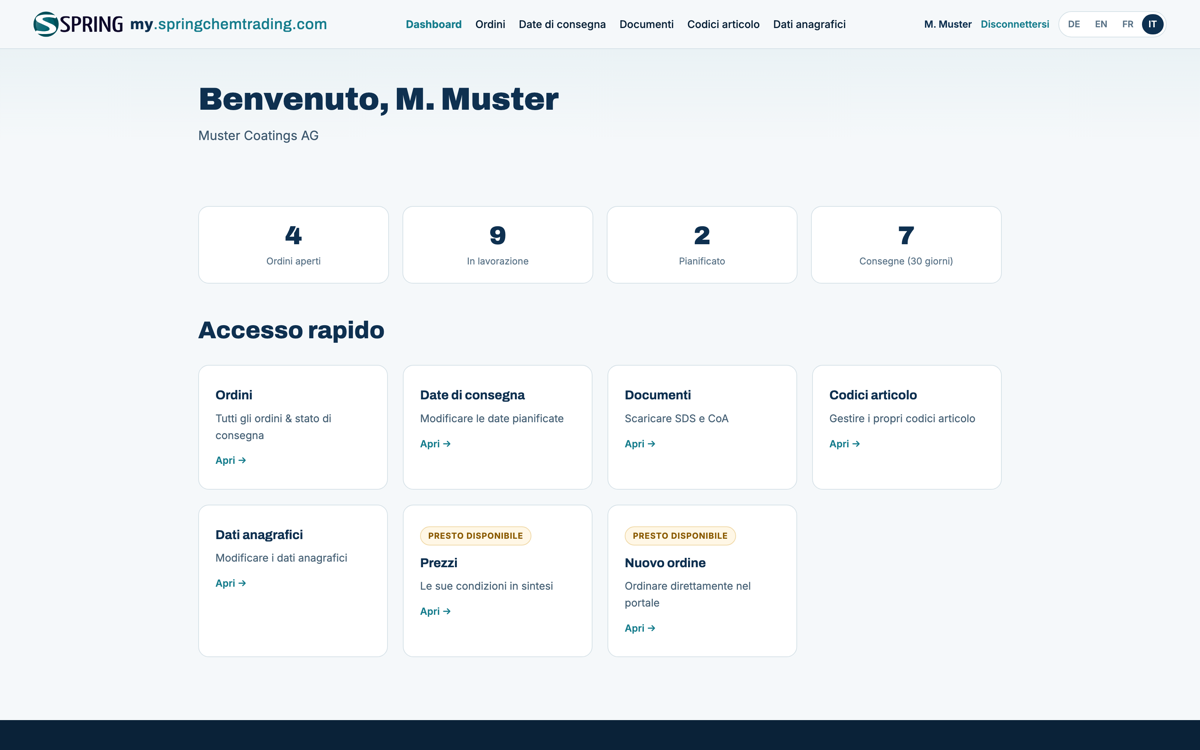 Screenshot del Portale clienti di Spring ChemTrading AG