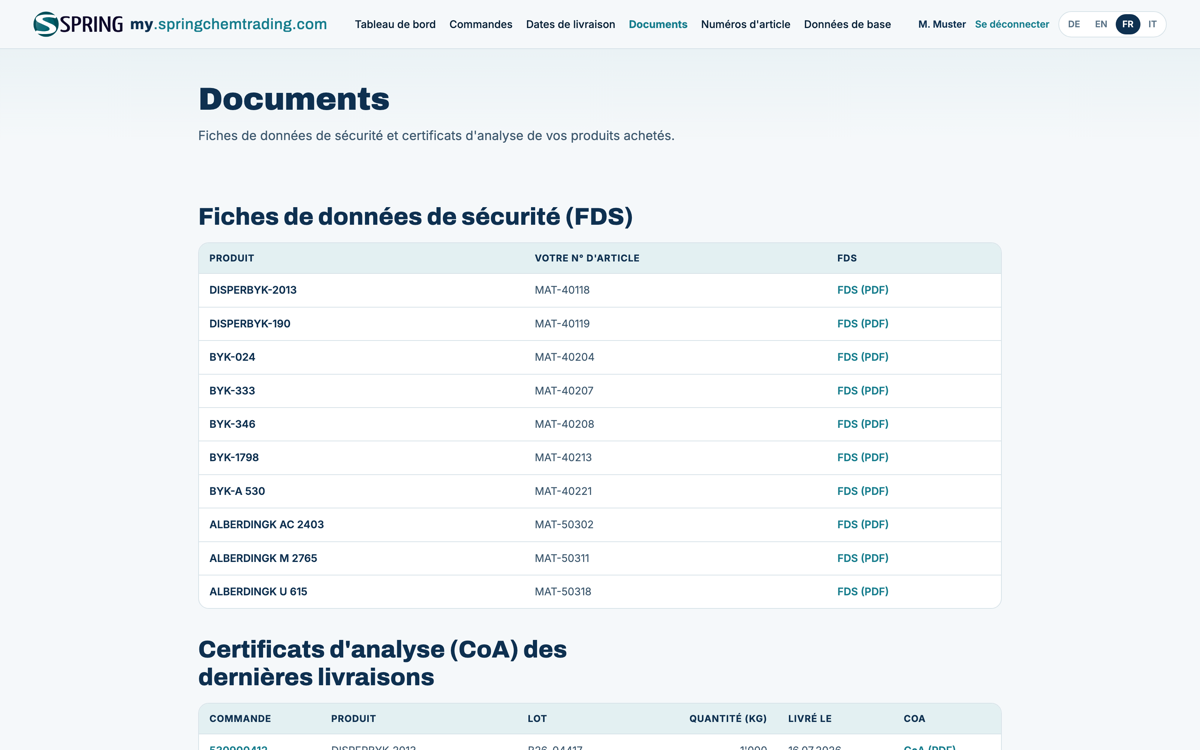 Capture d’écran du Portail clients de Spring ChemTrading AG