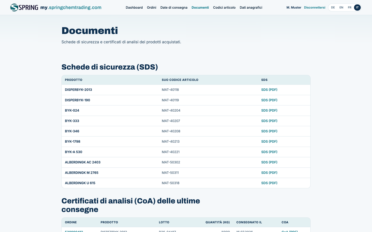 Screenshot del Portale clienti di Spring ChemTrading AG