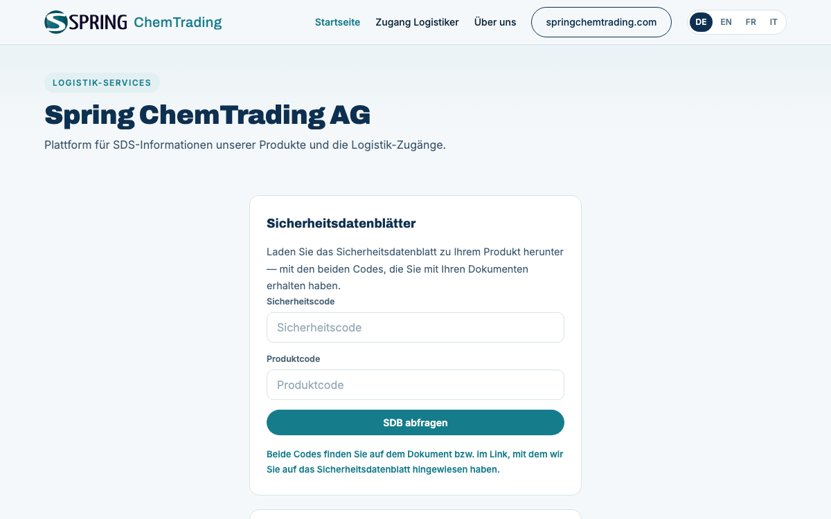 Screenshot: SDB-Portal der Spring ChemTrading AG