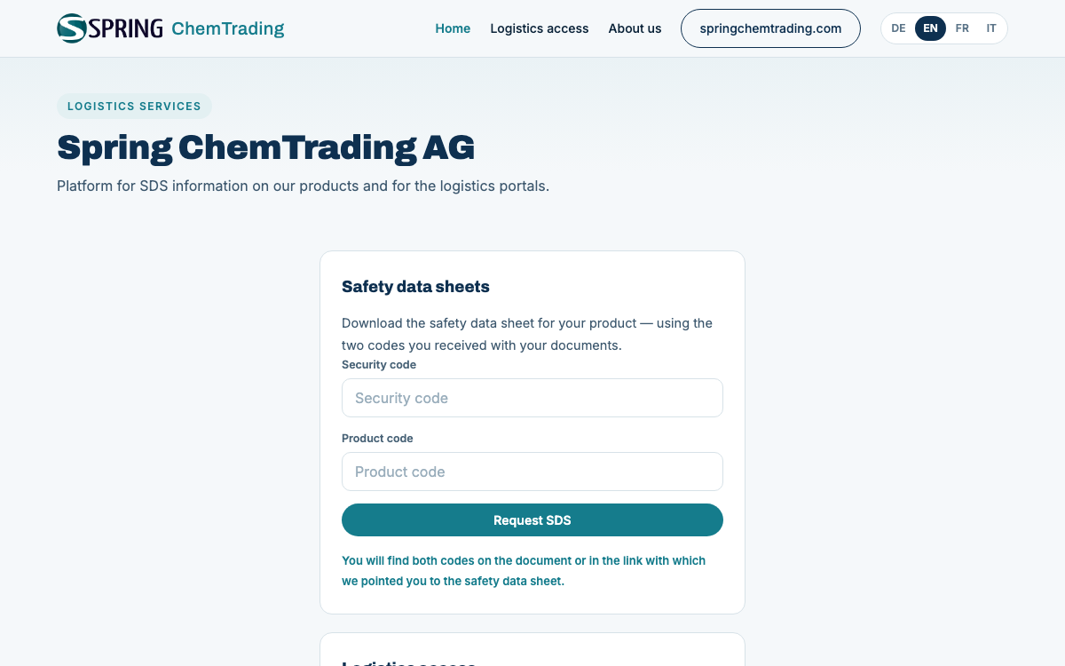 Screenshot of the SDS portal of Spring ChemTrading AG