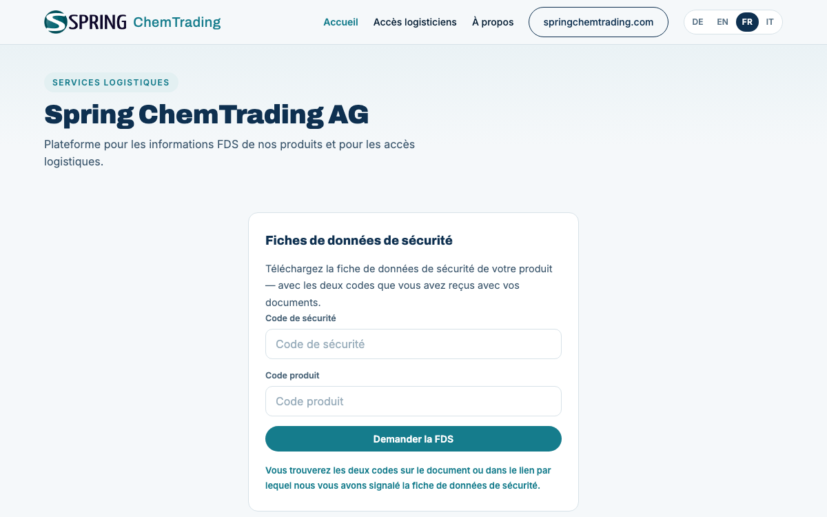 Capture d’écran du Portail FDS de Spring ChemTrading AG