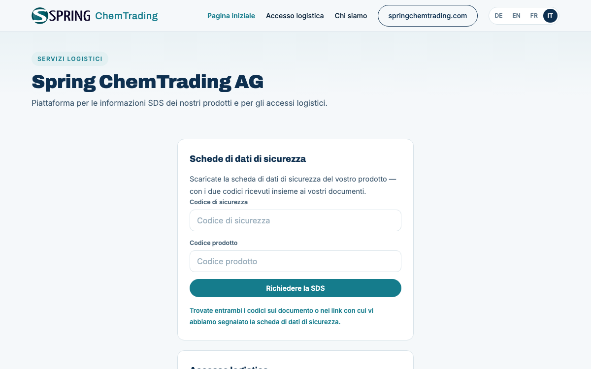 Screenshot del Portale SDS di Spring ChemTrading AG